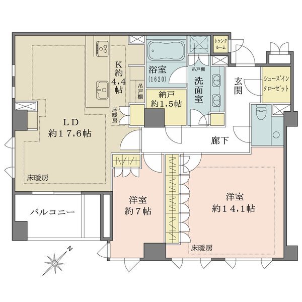 日本語の間取り図で、玄関、シューズインクローク、トイレ、廊下、洗面室、浴室、納戸、キッチン、リビングダイニング、2つの洋室とバルコニーを示しています。