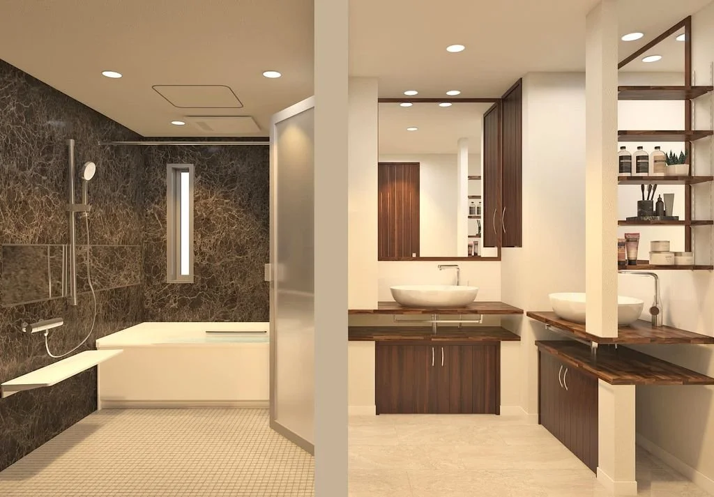 片側はバスタブとシャワーがあるバスルーム、もう片側は洗面台と棚がある洗面所です。