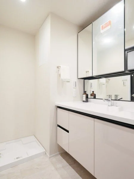 洗面台と鏡、洗濯機置き場の白い洗面台のある洗面所