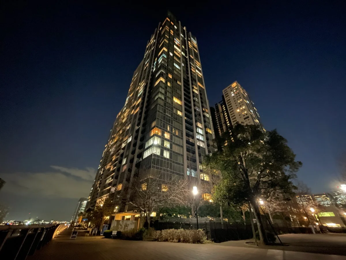 夜にライトアップされた高層ビルと木々が並ぶ街並み