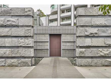 高い石の壁と中央の門がある都市の建物の入り口