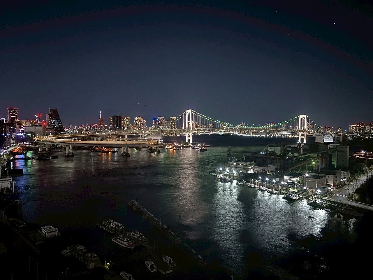 夜景の東京湾とレインボーブリッジ、東京の高層ビル群