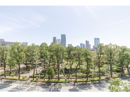 都市の公園と高層ビルの景色