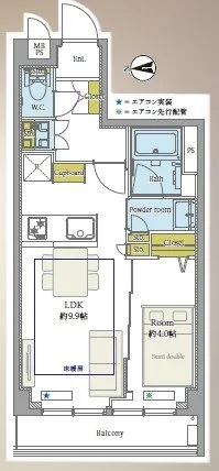 アパートの間取り図。リビングダイニングキッチン（LDK）、バルコニー、洋室、クローゼット、バスルーム、トイレ、玄関、エアコン設置場所を示す。