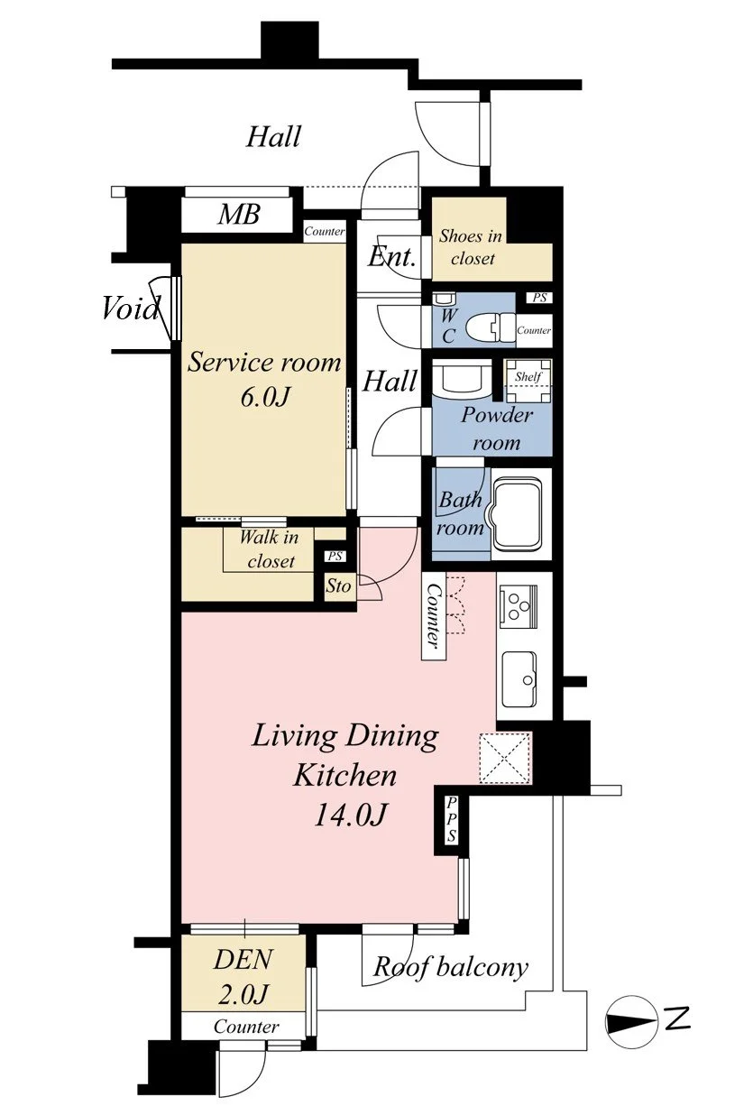 この画像は、住宅の間取り図です。リビングダイニングキッチンや寝室、サービスルーム、DEN、バルコニーなどの部屋が示されています。