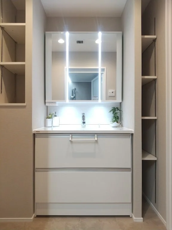 白い洗面台と鏡がついた洗面所の鏡の前の棚と左右の棚には植物が置いてある