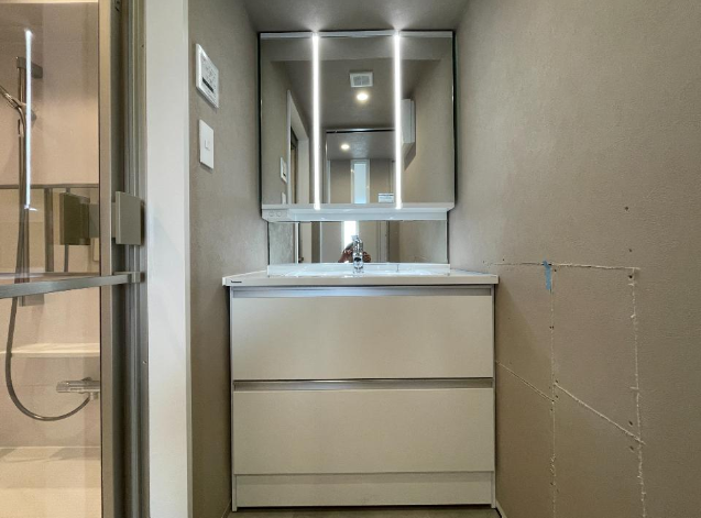 洗面台と鏡、扉のない洗面所の interior.