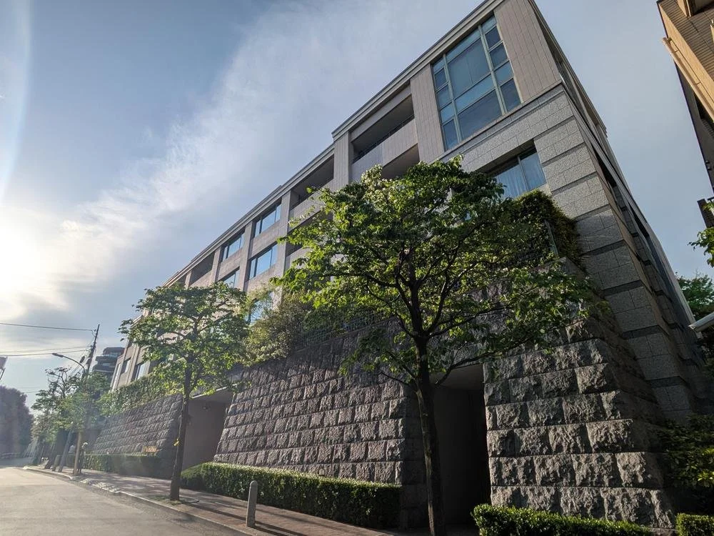 都市の道路に面した高層ビルとその前の道路沿いの木々と街灯.