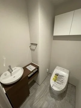 トイレと洗面台のある現代的なバスルームの写真