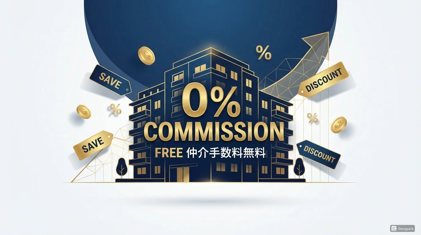 高層アパートの建物の青と金のデザイン。中央に大きく「0% COMMISSION」と書かれ、その下に「FREE 仲介手数料無料」と記載。周囲に「SAVE」や「DISCOUNT」と書かれたタグとコインのイラストが散らばる。