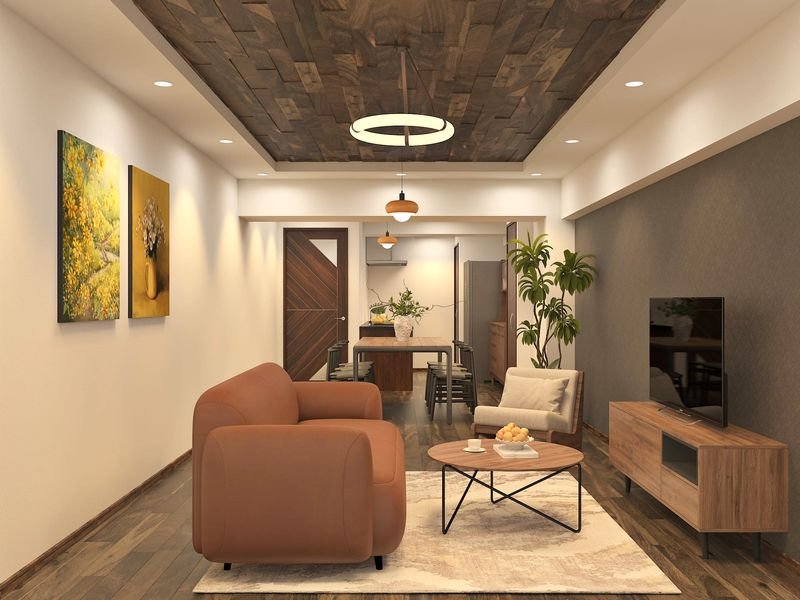 モダンなリビングルームの内装。ソファ、テレビ台、ダイニングセット、シーリングライト、壁に掛けられた絵画があります。