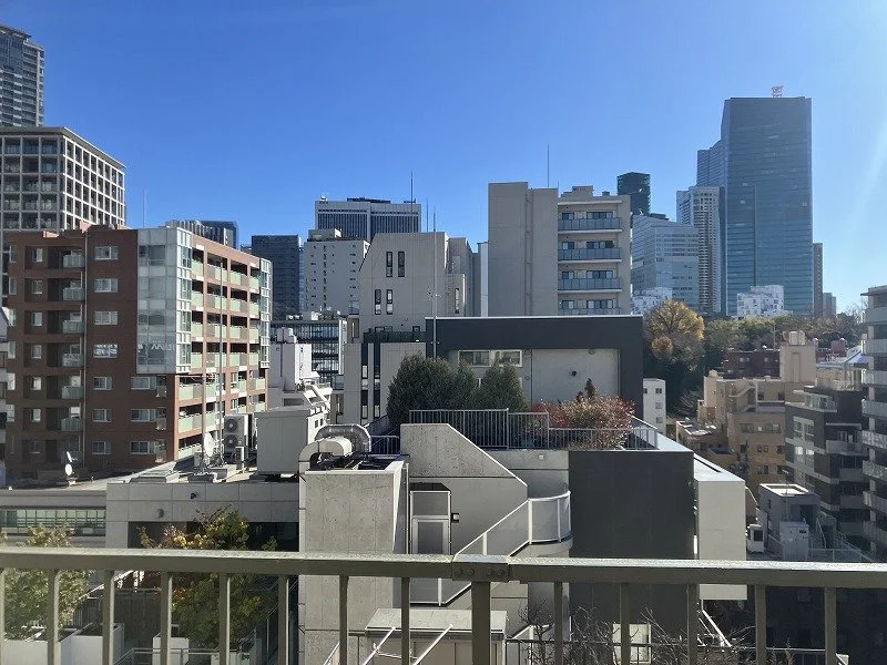 東京の高層ビルと中層の建物が並ぶ都市の風景、青空と一部の木々も見える。