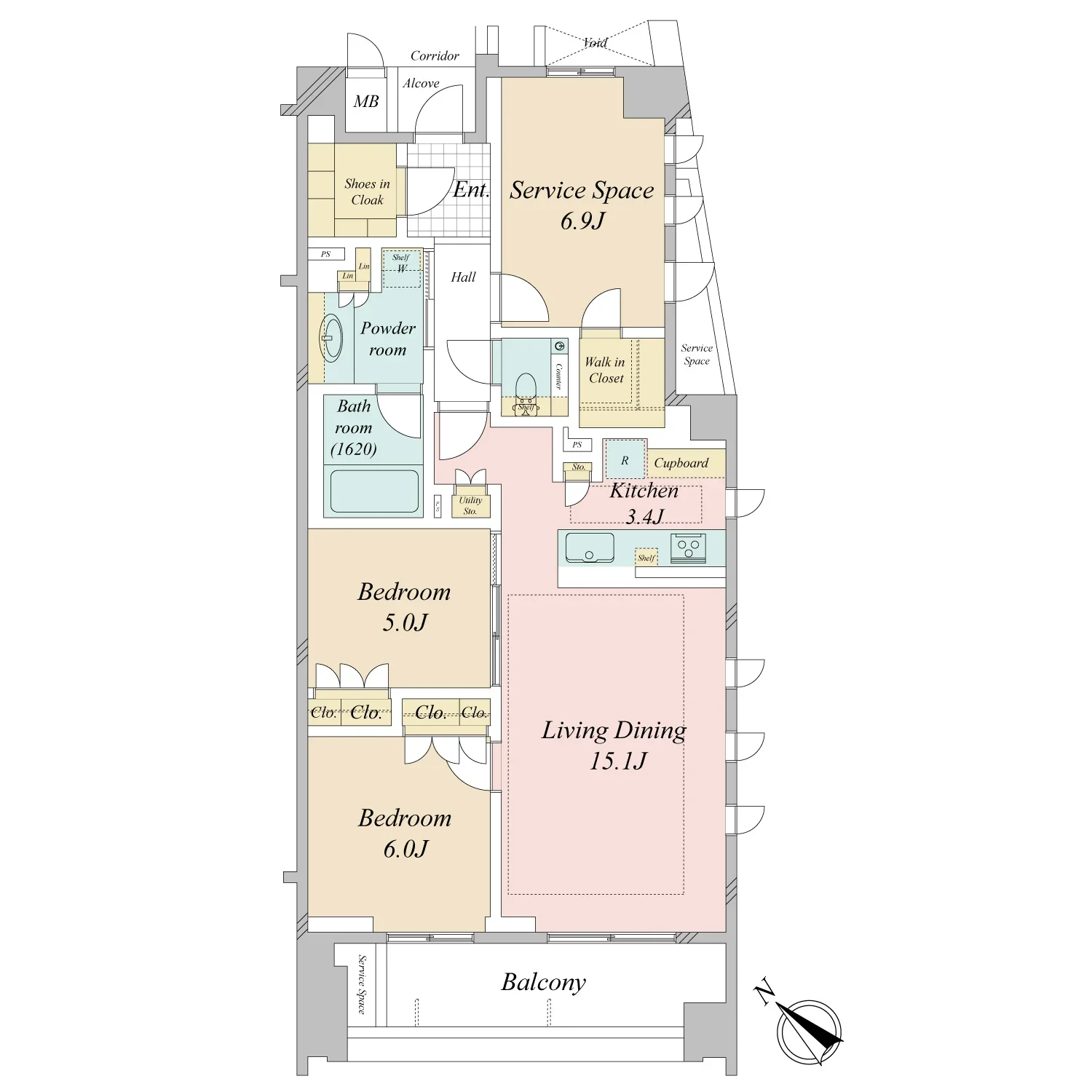 この画像は、住宅の間取り図です。リビングダイニング、二つの寝室、キッチン、バルコニー、バスルーム、トイレ、収納スペースなどが示されています。