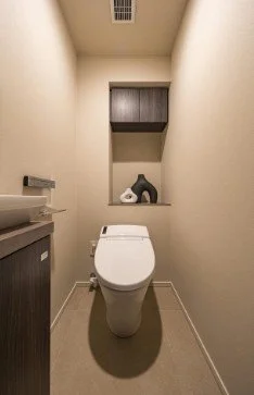 トイレと棚がある狭い洗面所