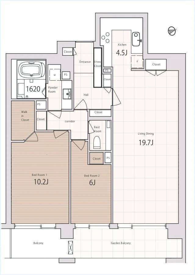 住宅の間取り図。リビングダイニング19.7畳、キッチン4.5畳、寝室1 10.2畳、寝室2 6畳、バルコニーとガーデンバルコニーがあり、浴室、トイレ、パウダールーム、クローゼット、靴箱、シューズクロークも配置されている。