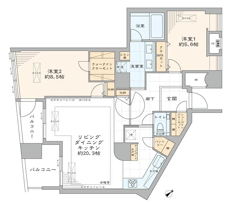 この画像は、2つの洋室、リビングダイニングキッチン、バルコニー、浴室、洗面室、トイレなどの部屋が配置された間取り図です。
