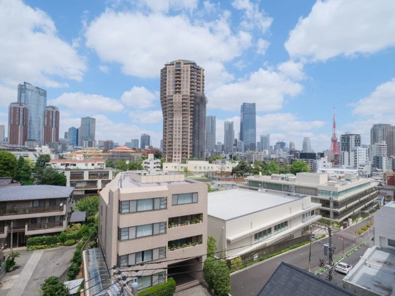 東京の都市景観。高層ビル群と東京タワーが見える。