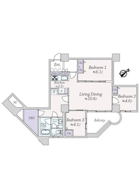三 bedroom の内見図、キッチン、リビングダイニング、バルコニー、浴室、トイレ、玄関、収納スペースあり