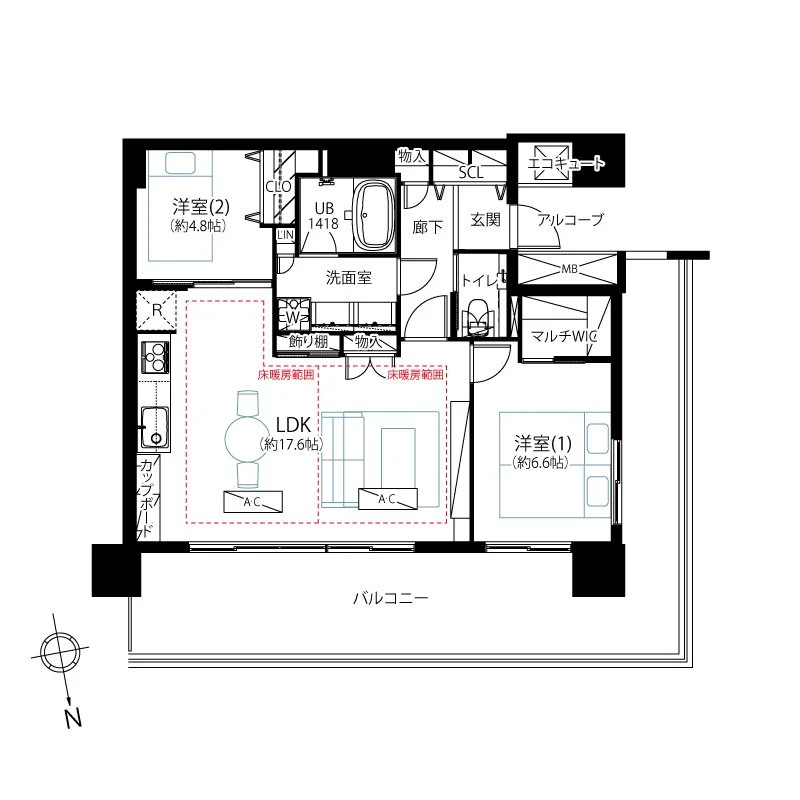 この画像は住宅の間取り図です。リビング・ダイニング・キッチン（LDK）、洋室（2つ）、浴室、トイレ、洗面室、バルコニーなどの部屋が示されています。