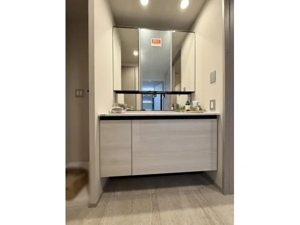 洗面台と鏡がある洗面所の鏡の前に小さなカウンターと収納棚がある