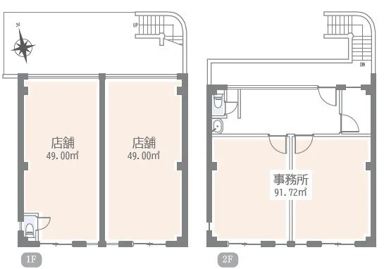 二階建ての建築平面図。1階には2つの店舗とトイレがあり、それぞれ49.00平方メートル。二階には事務所スペースが91.72平方メートルあり、トイレとエントランスも含まれている。