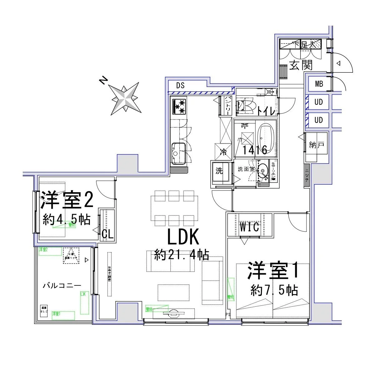この画像は、建築の平面図です。リビング・ダイニング・キッチン（LDK）、洋室1と洋室2、バルコニー、バスルーム、トイレ、収納スペース、玄関の位置を示しています。