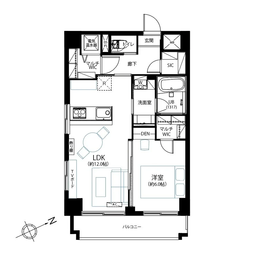この画像は日本の住宅の間取り図です。リビングダイニングキッチン（約12.0帖）、洋室（約6.0帖）、バルコニー、浴室、洗面室、トイレ、玄関、収納スペースなどが示されています。