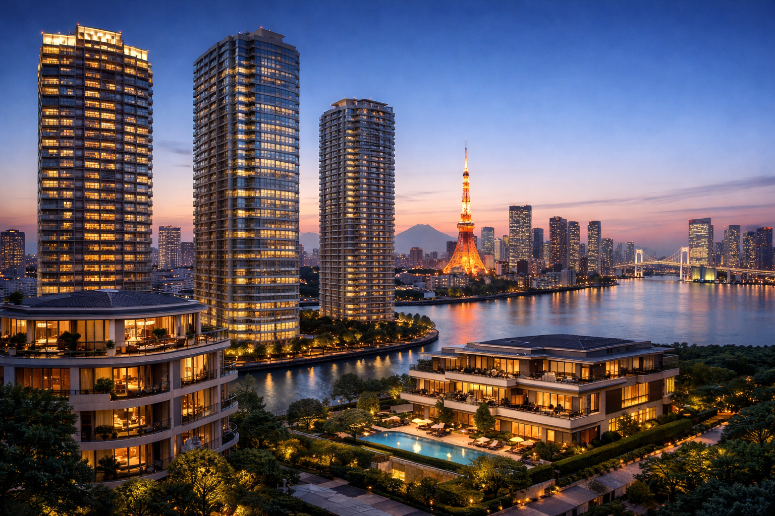 東京の夜景、東京タワーと高層ビル群、水辺にある高層マンションとプールのあるリゾート施設