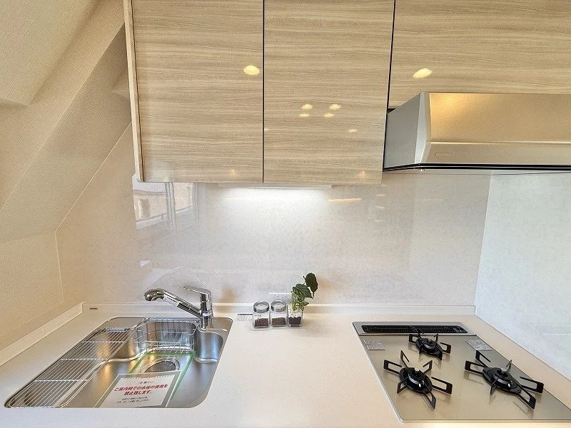 モダンなキッチンのシンクとコンロ、木目調の収納棚と壁付けの換気扇、少量の観葉植物が置かれている
