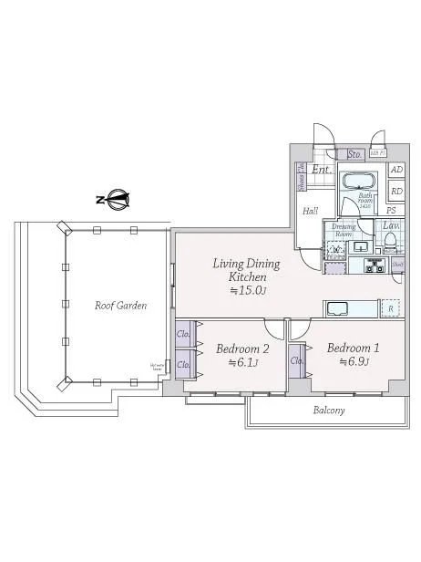 住宅の間取り図で、玄関、廊下、浴室、トイレ、キッチン、リビングダイニング、寝室2つ、バルコニー、屋上庭園、クローゼットが描かれている。