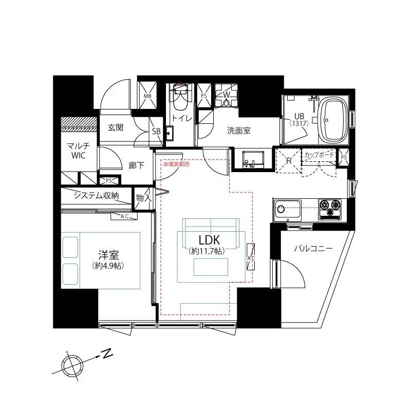 一つのアパートの間取り図で、リビング・ダイニング・キッチン（LDK）、洋室、バルコニー、トイレ、洗面室、UB（バスルーム）、玄関、収納スペースなどが配置されている。」}】}}I'll provide a succinct description of the floor plan in Japanese. If you'd like more details or a different focus, please let me know!  { 
