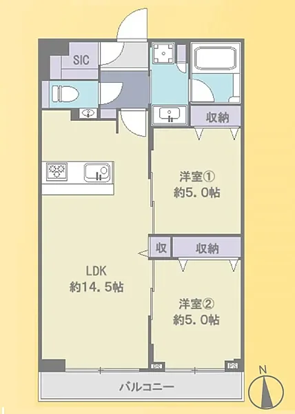 二つの洋室とリビングダイニングキッチン（LDK）があり、バルコニーに面した間取りのアパートの平面図。洗面所や浴室、トイレなどの水回りや収納スペースも配置されている。