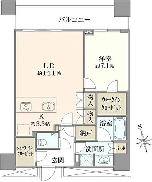 バルコニー、市、洋室、LD、K、浴室、洗面所、収納、ウォークインクローゼット、シューズインクロゼット、玄関の間取り図