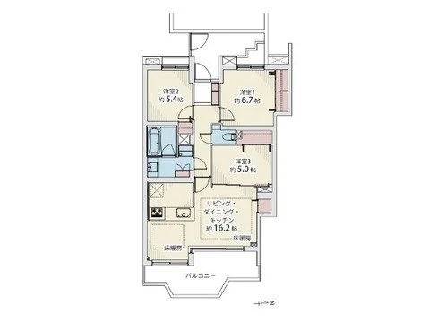 3LDKの間取り図、リビングダイニング約16.2畳、3つの洋室、バルコニー付き