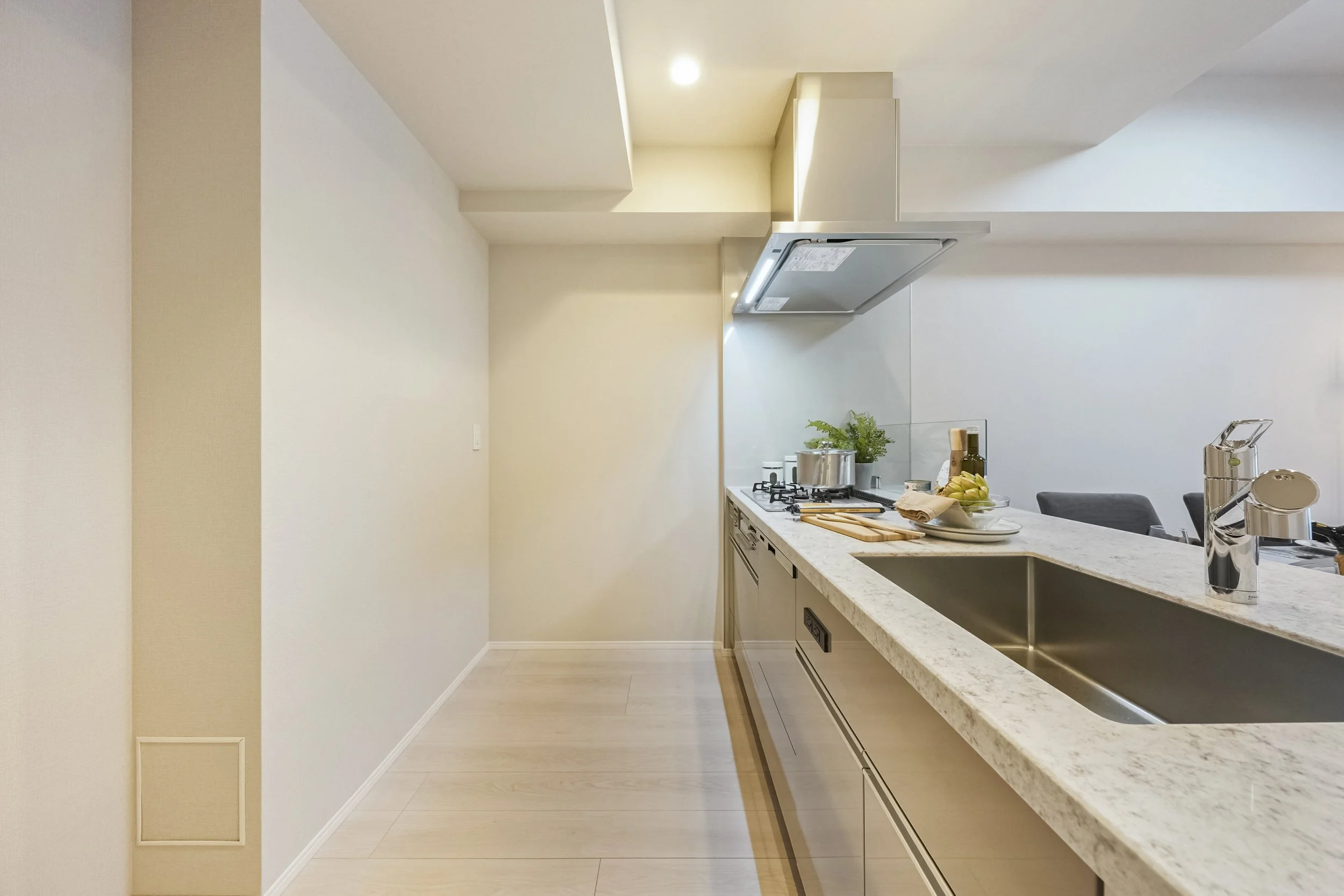 キッチンのシンクとカウンター。調理器具や食材が置かれている。背景に白い壁と天井が見える平らな空間。