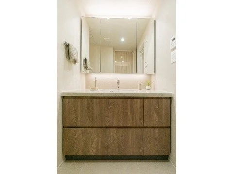 洗面台と鏡、ライトが付いたシンプルなバスルームの洗面エリア