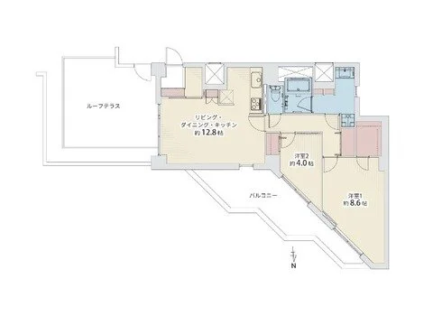 建築平面図で、リビングダイニングキッチン、洋室2部屋、バルコニー、ルーフテラス、バスルームなどが表示されている宅内のレイアウト。