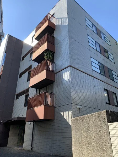 四階建ての白い建物で、バルコニーには木が置かれている。