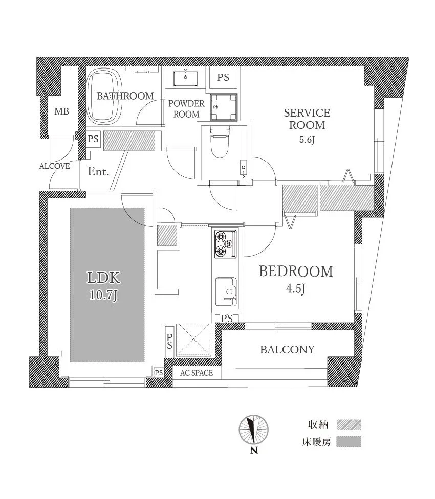 この画像は住宅の間取り図です。リビングダイニングキッチン（LDK）10.7畳、ベッドルーム4.5畳、サービスルーム5.6畳、バルコニー、バスルーム、トイレ、パウダールーム、玄関、バルコニー、クローゼット、エアコンスペースなどが描かれています。