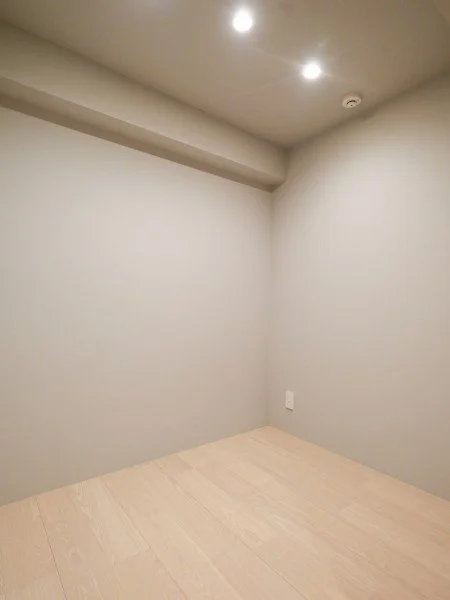 白い壁の部屋で照明とコンセントが見える