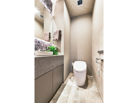 モダンなトイレルームの画像。壁には大きな鏡、洗面台、タオル掛けにタオル、便座付きのトイレ、小さな緑の植物。