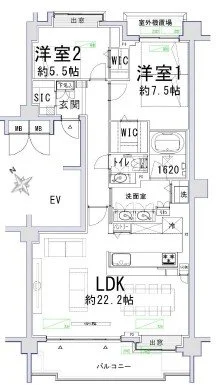 間取り図。リビング・ダイニングキッチン（約22.2畳）、洋室1（約7.5畳）、洋室2（約5.5畳）、バルコニー、浴室、洗面室、トイレ、収納スペース、エレベーターあり。