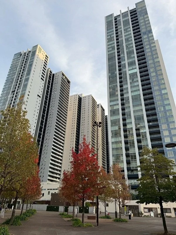 高層ビルが立ち並ぶ都市の景色と、秋の紅葉した木々がある公園の風景