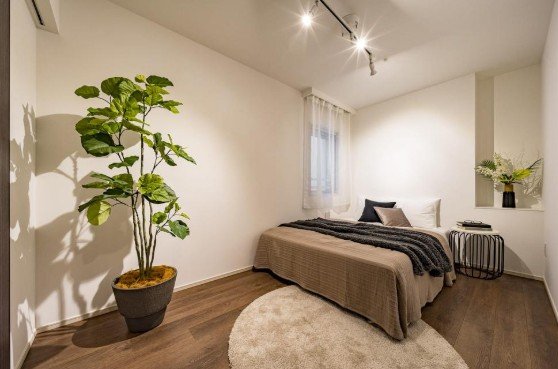 シンプルなベッドルーム、枕と布団、観葉植物、窓とカーテン、レースカーテン、照明