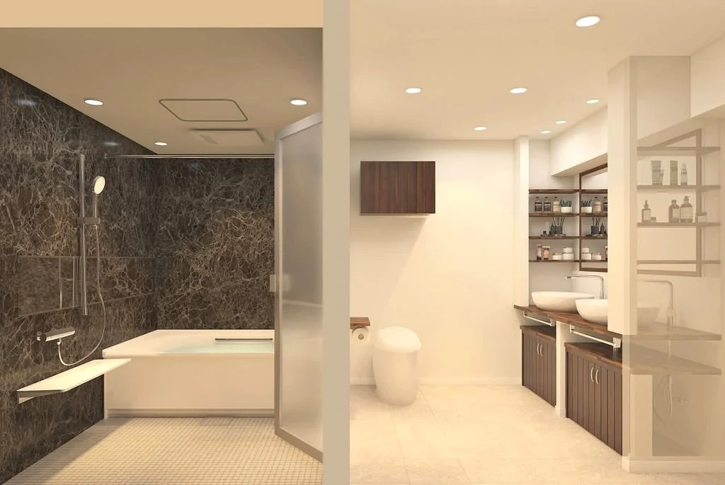 バスルームの仕切りによって分かれたシャワーと浴槽エリアと洗面台とトイレのエリア