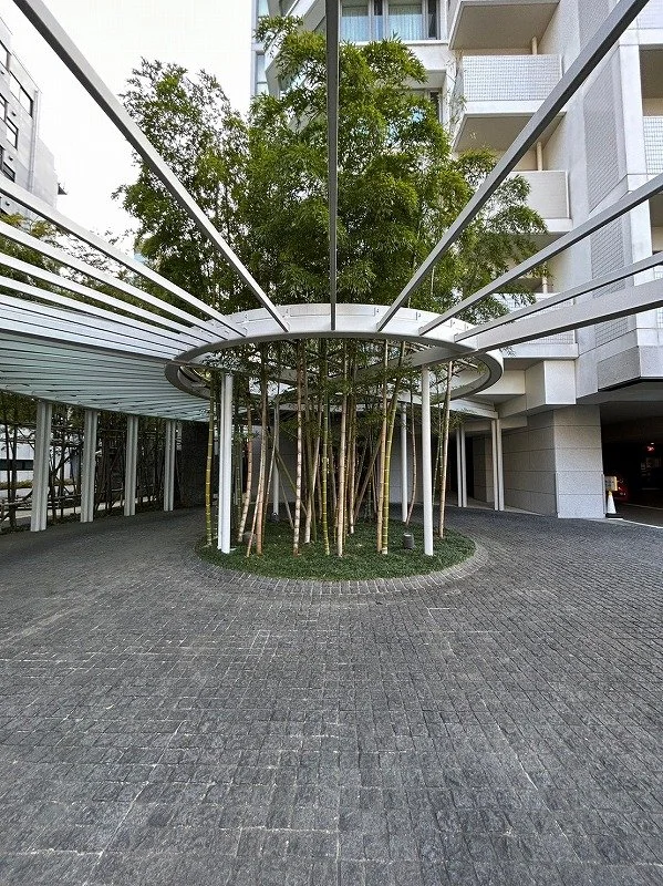 建物の入り口付近にある中庭に、竹の木と金属の装飾がある庭園風のガーデンエリア