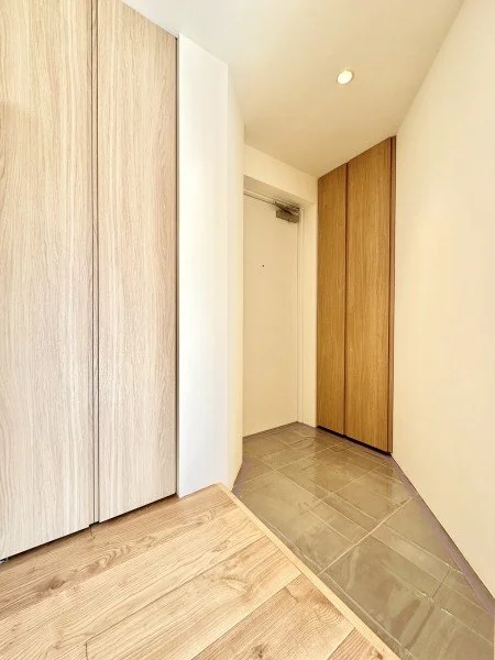 シンプルな玄関の入り口、木製のドアと収納棚が配置された内装