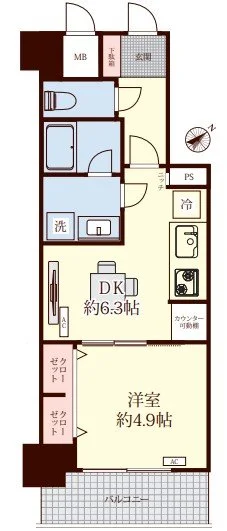 一つのアパートメントの間取り図。玄関、浴室、トイレ、洗濯機スペース、キッチンとダイニングエリア、洋室とバルコニーが配置されている。