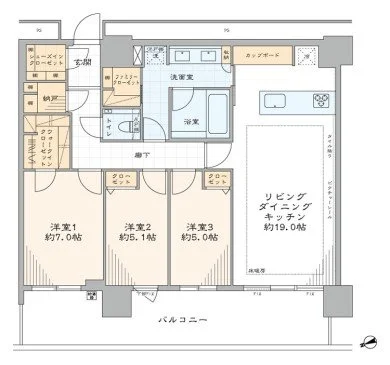 3つの洋室とリビングダイニングキッチン、バルコニーがある日本のマンション間取り図