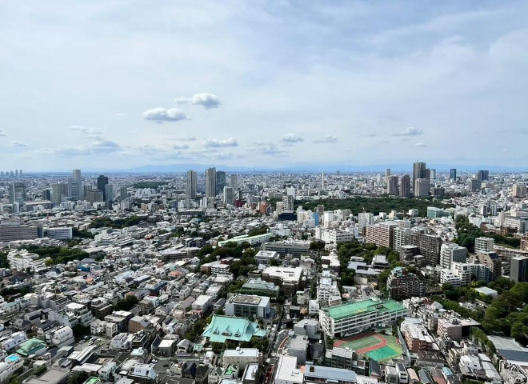 都市の高層ビルと住宅街の風景、青空と雲があり、遠くに山々が見える